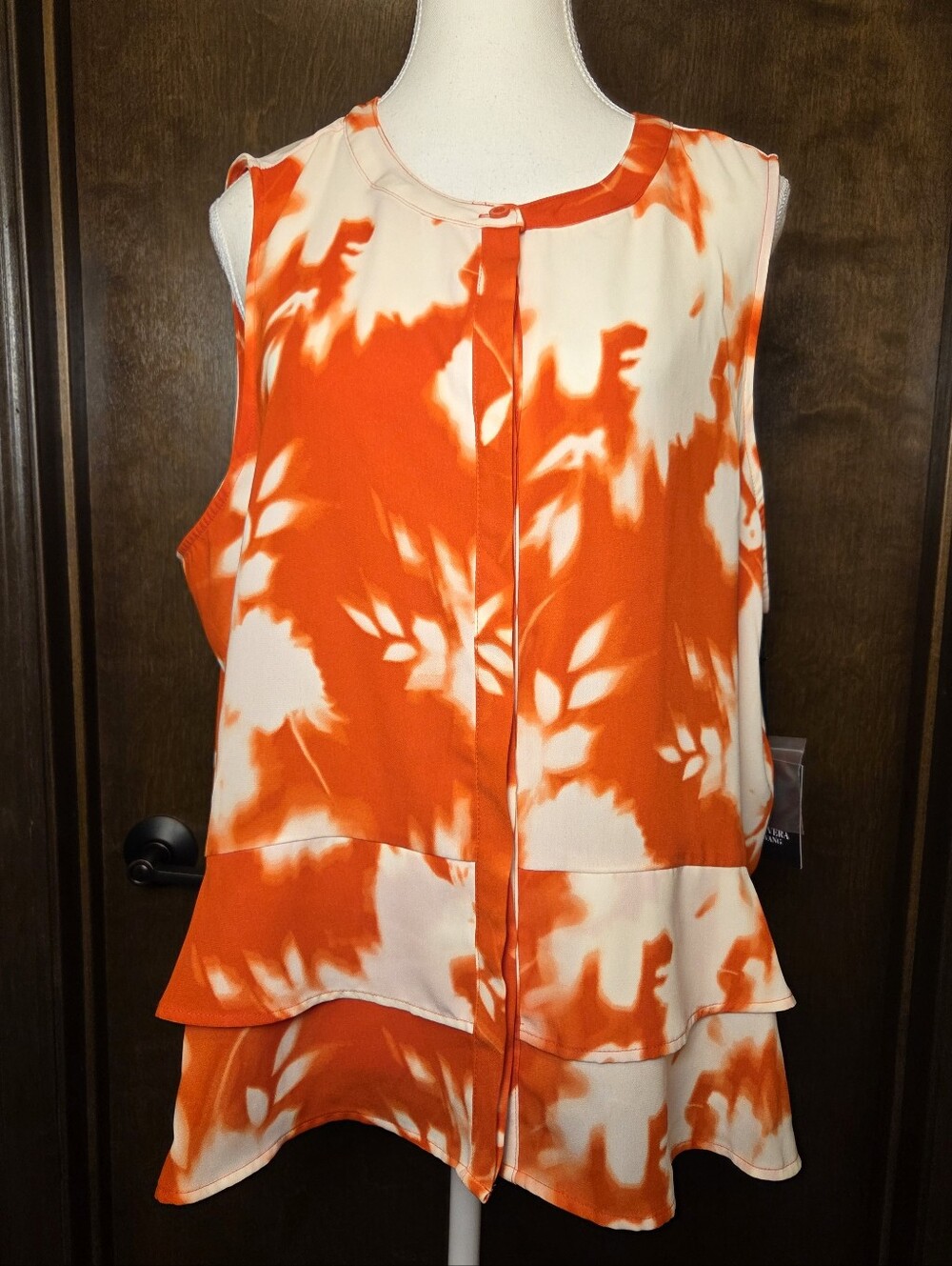 Simply Vera Vera Wang Orange and White Sleeveless Ruffle-Hem Blouse NWT